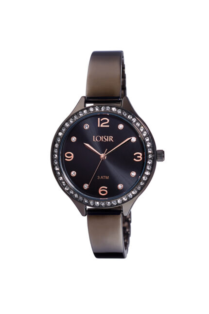 Loisir ρολόι με μεταλλικό gun metal μπρασελέ, μαύρο καντράν και κρύσταλλα στο bezel 11L03-00432