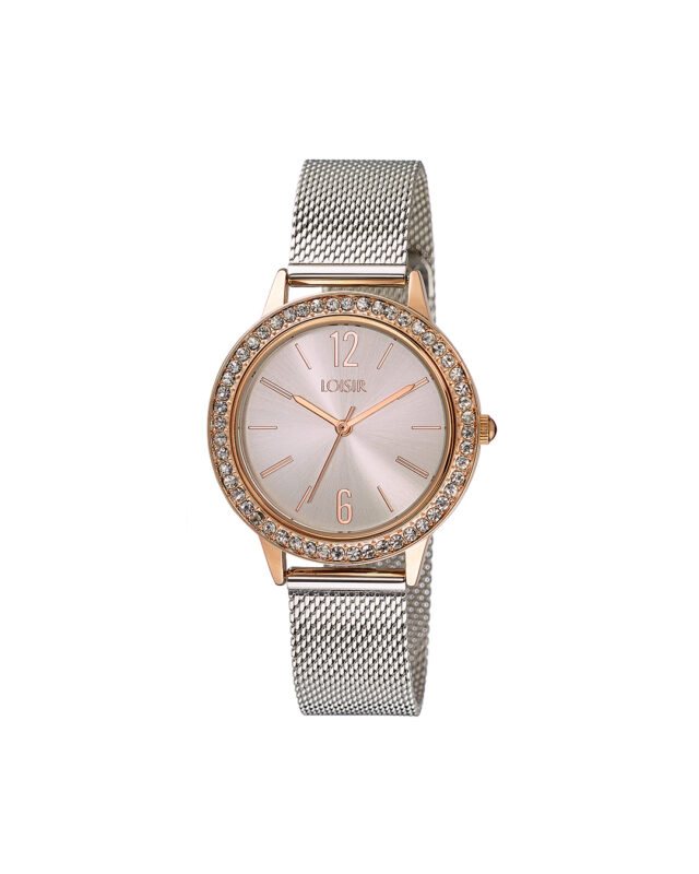 Loisir ρολόι με ατσάλινο mesh band, ασημί-ροζ χρυσό καντράν και extra bezel 11L03-00439