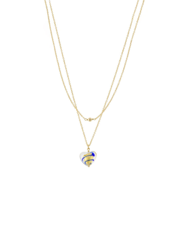 Loisir κολιέ ασημένιο επίχρυσο διπλό με χρυσή-μπλε καρδιά 01L05-01619