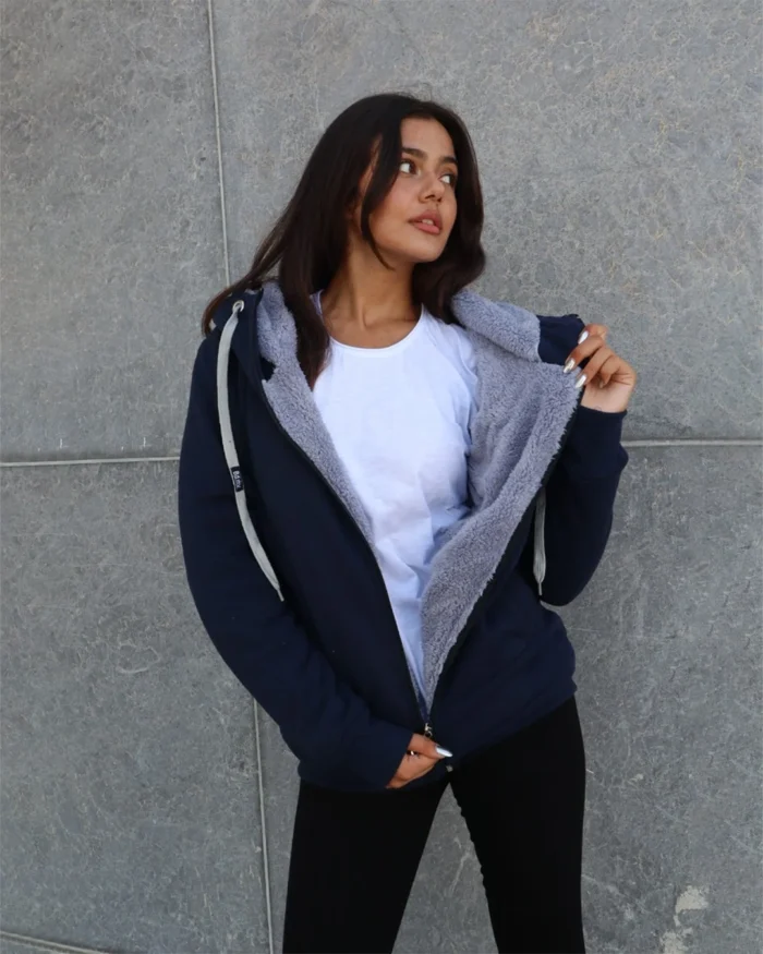 Unisex ζακέτα φούτερ με γούνινη επένδυση σε μπλε | Bodymove - Image 1