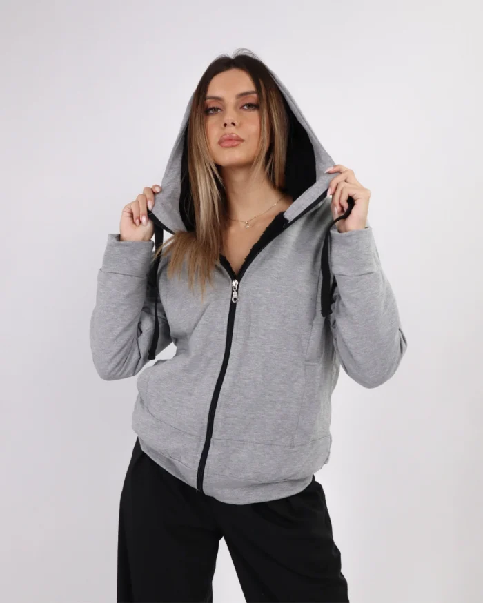 Unisex ζακέτα φούτερ με γούνινη επένδυση σε γκρι | Bodymove - Image 1