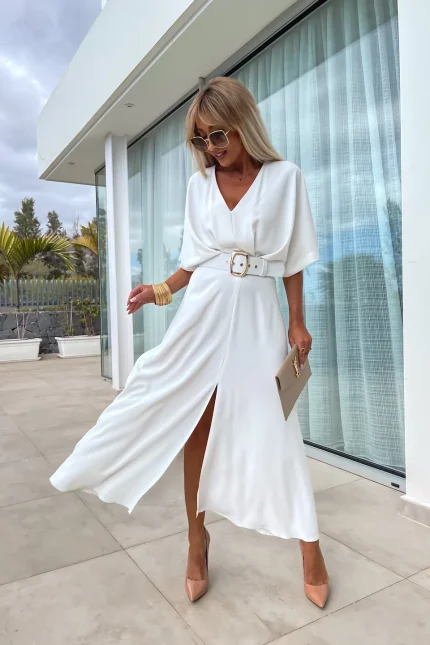 Φόρεμα με ζώνη λευκό