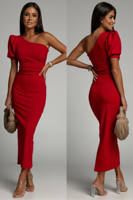 Φόρεμα μίντι με έναν ώμο κόκκινο