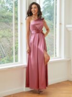 Φόρεμα maxi σατινέ με έναν ώμο ροζ