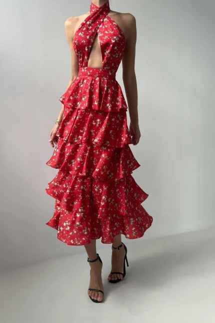 Φόρεμα φλοράλ με βολάν κόκκινο