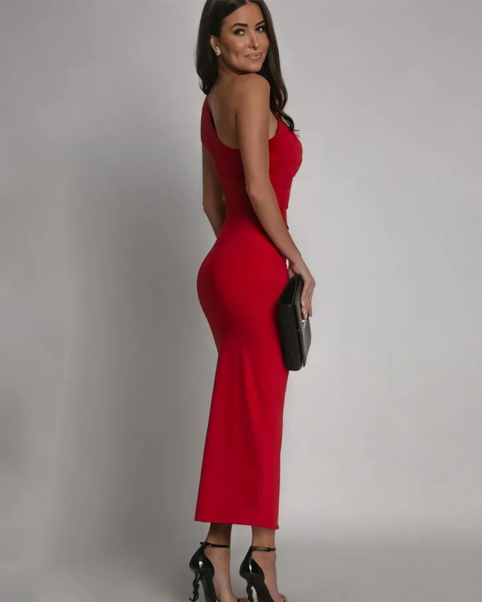 Φόρεμα midi έξωμο φόρεμα με άνοιγμα κόκκινο
