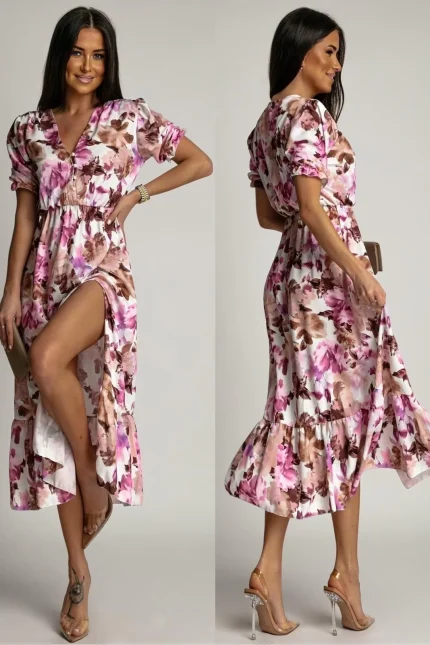 Φόρεμα μίντι floral με κουμπιά μωβ