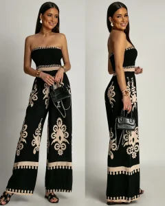 Ολόσωμη φόρμα strapless με μπαρόκ print μαύρο