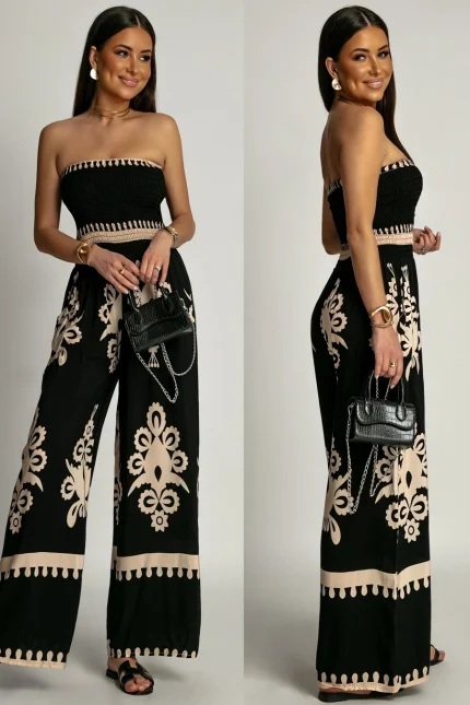 Ολόσωμη φόρμα strapless με μπαρόκ print μαύρο