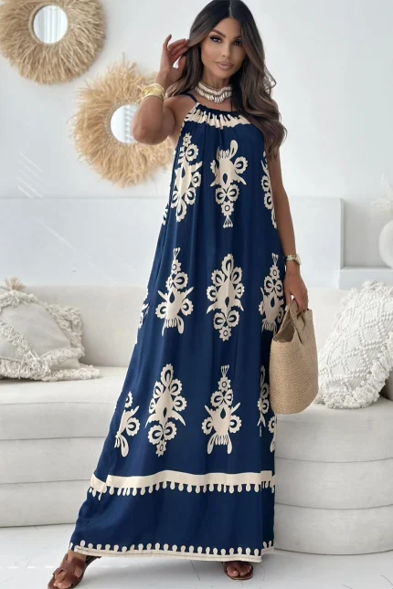 Φόρεμα maxi με μπαρόκ print μπλε