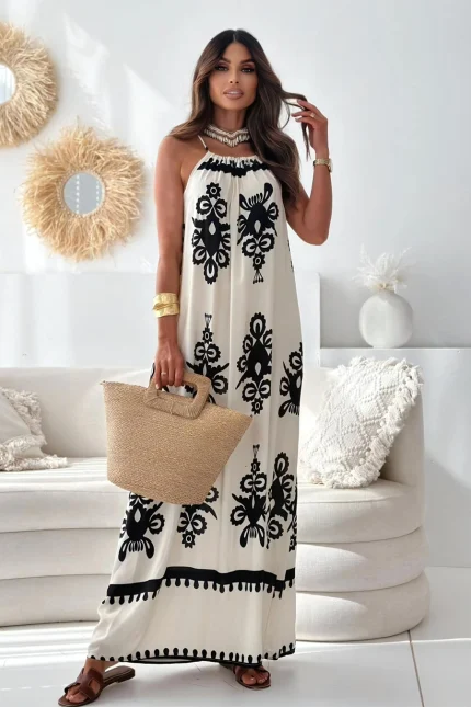 Φόρεμα maxi με μπαρόκ print λευκό