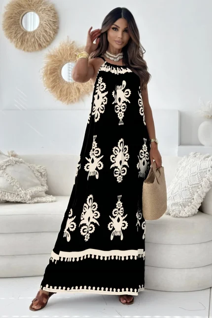 Φόρεμα maxi με μπαρόκ print μαύρο
