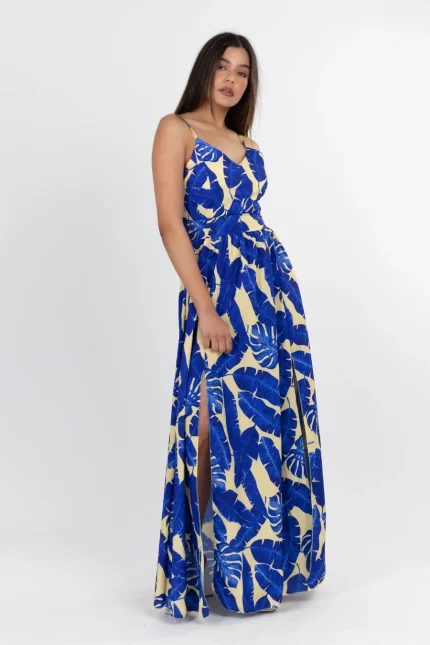 Φόρεμα maxi σατέν floral μπλε
