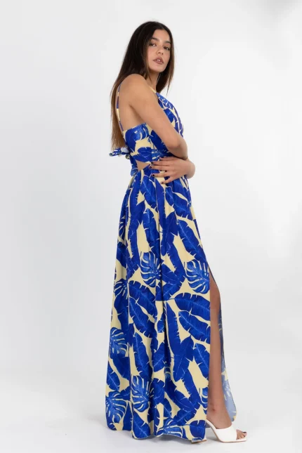Φόρεμα maxi σατέν floral μπλε