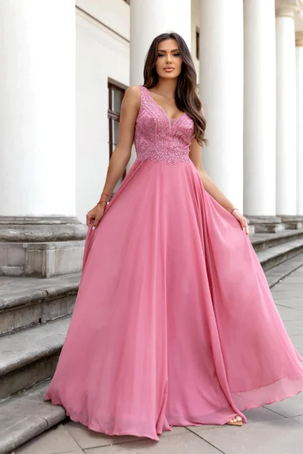Φόρεμα maxi με στράς ροζ