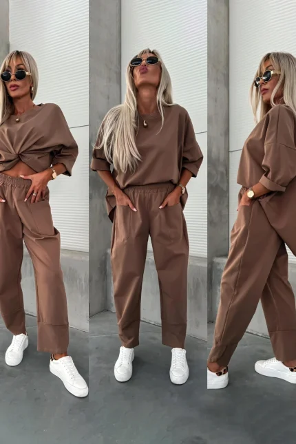 Σετ φόρμας oversized παντελόνι με μπλούζα καφέ