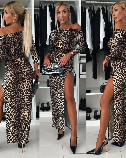 Φόρεμα maxi animal print με σκίσιμο καφέ