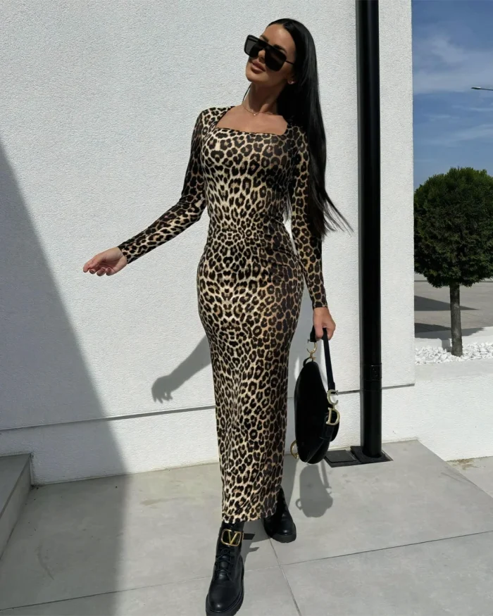 Φόρεμα maxi εφαρμοστό animal print καφέ