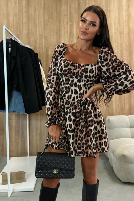 Φόρεμα μίνι animal print καφέ