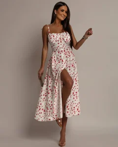 κόκκινο Φόρεμα floral τιραντέ με κουμπιά