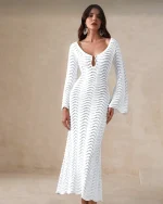 Maxi πλεκτό φόρεμα με κυματιστό σχέδιο & καμπάνα μανίκι