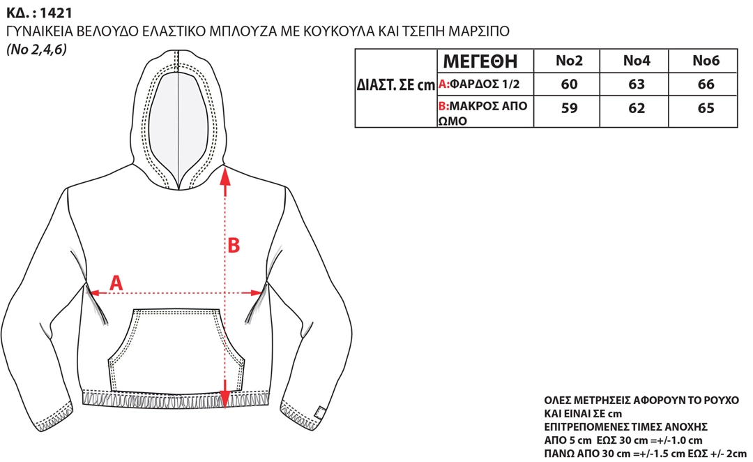 Πίνακας μεγεθών για το βελουτέ φούτερ Bodymove 1421