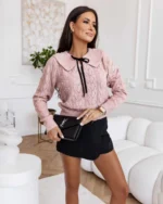 Πλεκτή μπλούζα με διακοσμητικές πέρλες και δέσιμο μπροστά